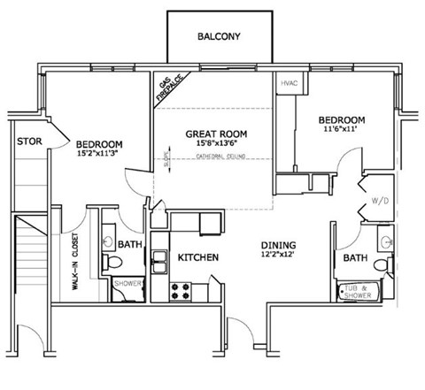 A black and white image of a floor plan for a house with a balcony.